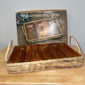 Acacia Wooden Trays w/ Hand Woven Grass Basket